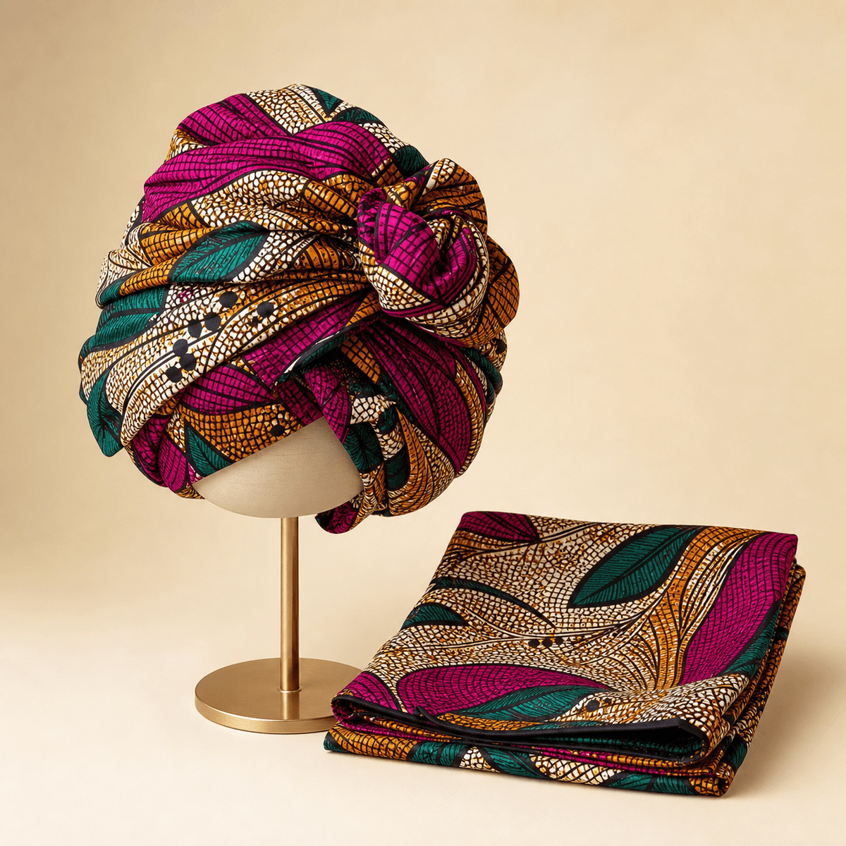 African wax-print headwrap and scarf